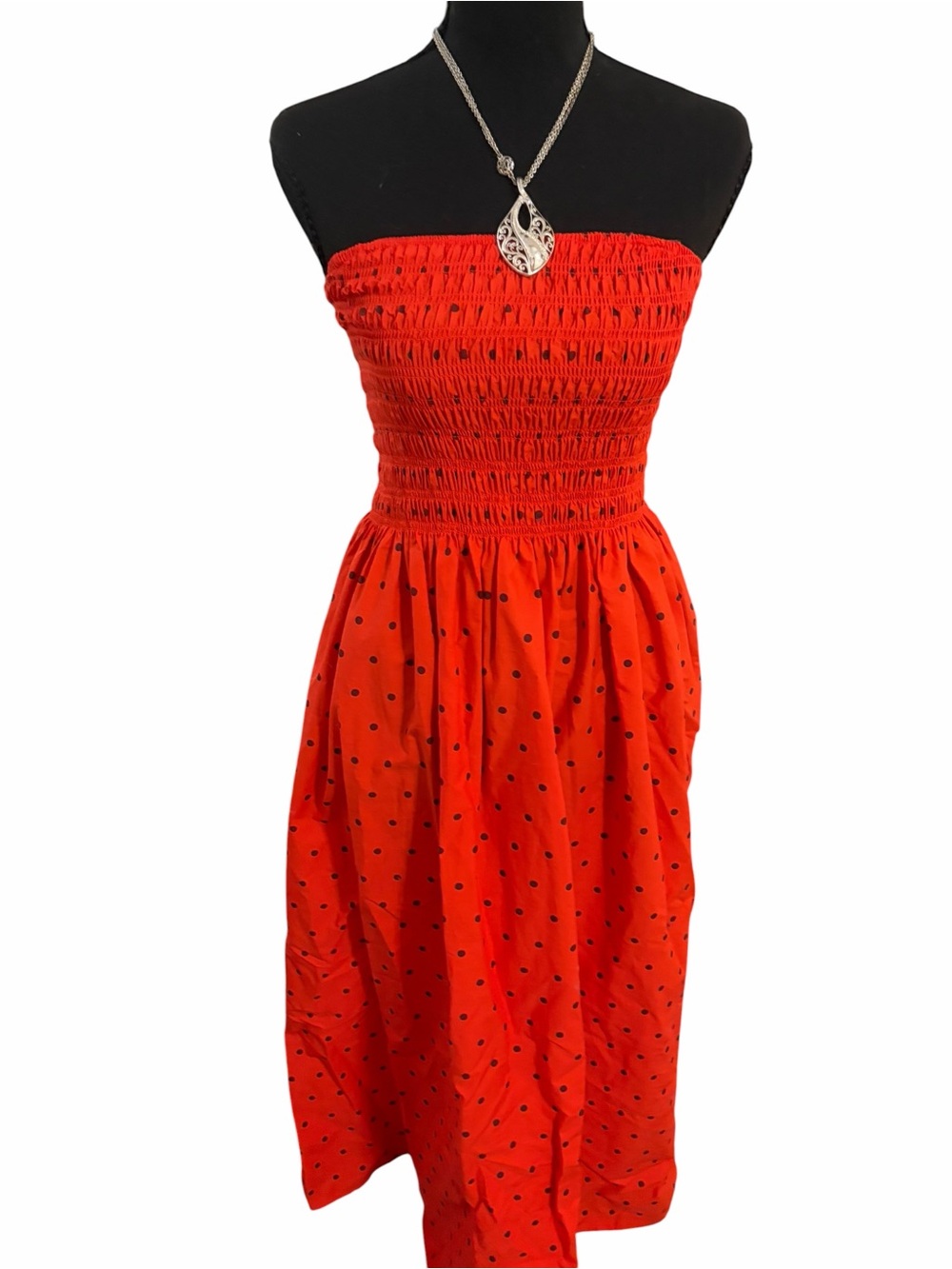a new day Red Strapless Smocked Polka Dot Midi Dress